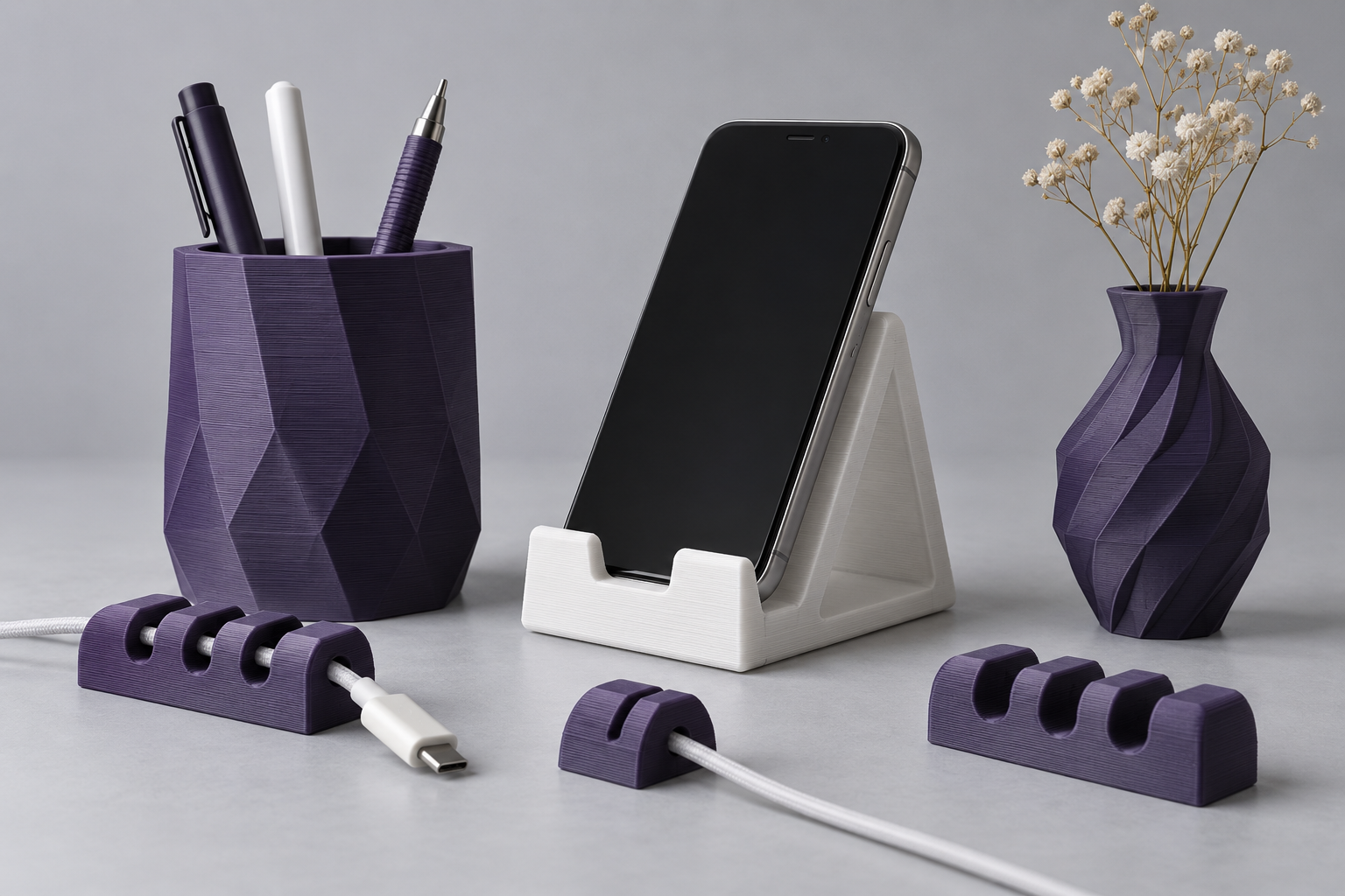 Coleção ilustrativa de peças impressas em 3D em roxo e branco